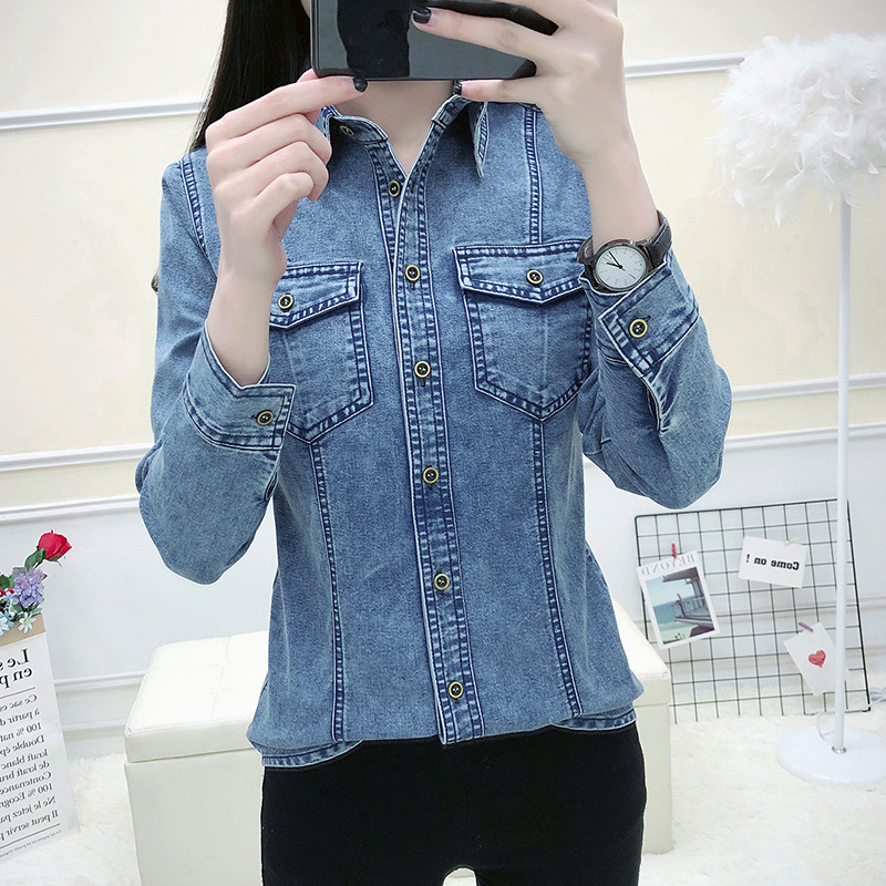 Real Shot Spring New Denim Shirt Women's Slim-Fit Stretch Jacket All-Asortate cu mânecă lungă din denim, haine albastru deschis spandex