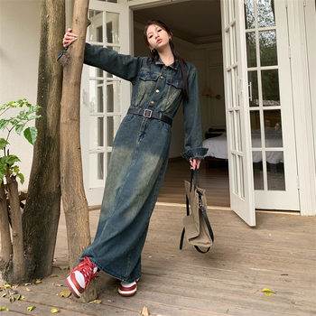 Rochie retro nostalgică din denim cu mânecă lungă, pentru femei, toamna 2024, stil Hong Kong, talie subțire, rochie casual la modă