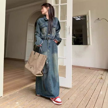 Rochie retro nostalgică din denim cu mânecă lungă, pentru femei, toamna 2024, stil Hong Kong, talie subțire, rochie casual la modă