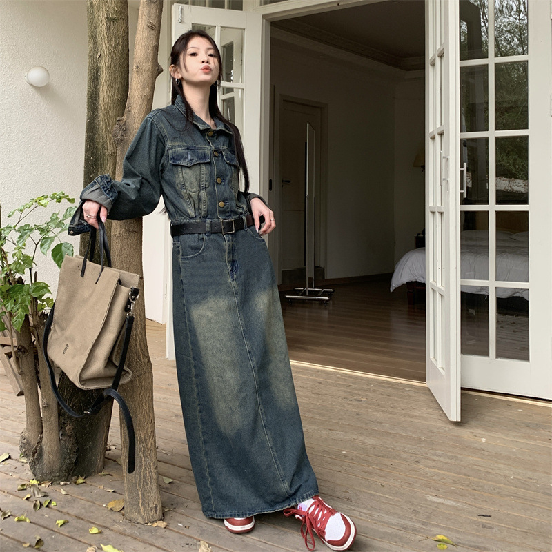 Rochie retro nostalgică din denim cu mânecă lungă, pentru femei, toamna 2024, stil Hong Kong, talie subțire, rochie casual la modă