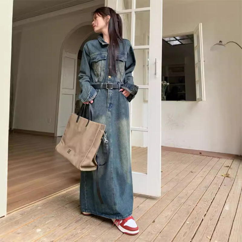 Rochie retro nostalgică din denim cu mânecă lungă, pentru femei, toamna 2024, stil Hong Kong, talie subțire, rochie casual la modă