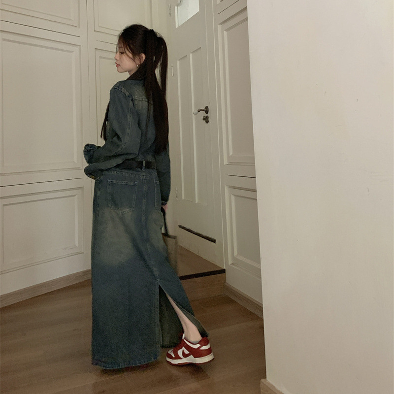 Rochie retro nostalgică din denim cu mânecă lungă, pentru femei, toamna 2024, stil Hong Kong, talie subțire, rochie casual la modă