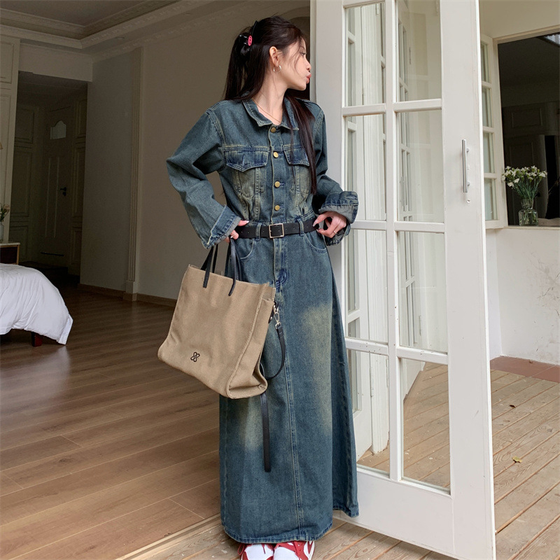Rochie retro nostalgică din denim cu mânecă lungă, pentru femei, toamna 2024, stil Hong Kong, talie subțire, rochie casual la modă