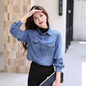 Cămașă retro americană din denim pentru femei, toamna 2024, cămașă elegantă cu umeri, jachetă all-match
