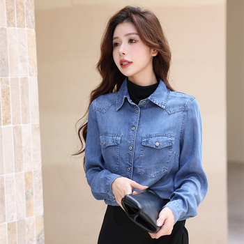 Cămașă retro americană din denim pentru femei, toamna 2024, cămașă elegantă cu umeri, jachetă all-match