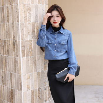 Cămașă retro americană din denim pentru femei, toamna 2024, cămașă elegantă cu umeri, jachetă all-match