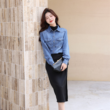 Cămașă retro americană din denim pentru femei, toamna 2024, cămașă elegantă cu umeri, jachetă all-match