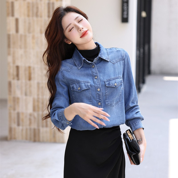 Cămașă retro americană din denim pentru femei, toamna 2024, cămașă elegantă cu umeri, jachetă all-match