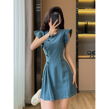 Rochie din denim cu fotografie reală, fustă nouă, stil chinezesc, cu guler rotund, cataramă, linie A, talie înaltă, aspect slim