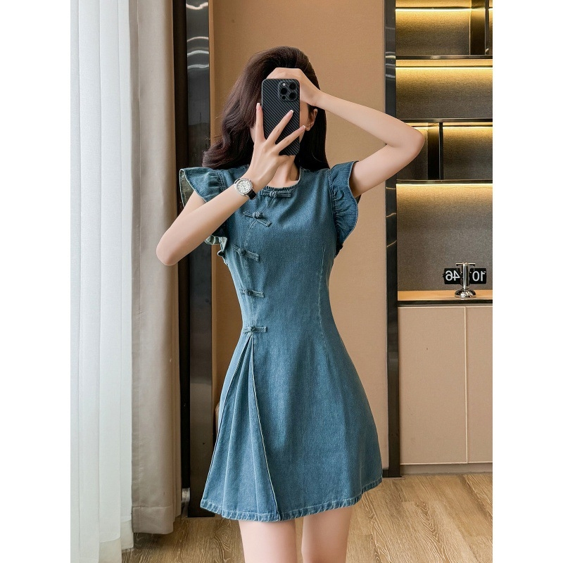 Rochie din denim cu fotografie reală, fustă nouă, stil chinezesc, cu guler rotund, cataramă, linie A, talie înaltă, aspect slim
