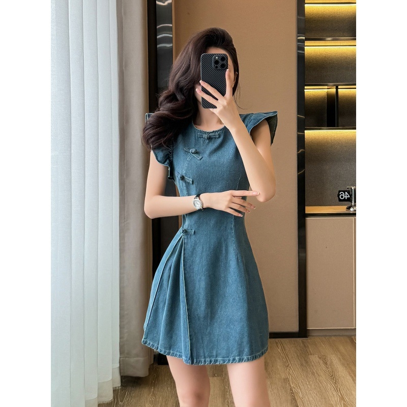 Rochie din denim cu fotografie reală, fustă nouă, stil chinezesc, cu guler rotund, cataramă, linie A, talie înaltă, aspect slim