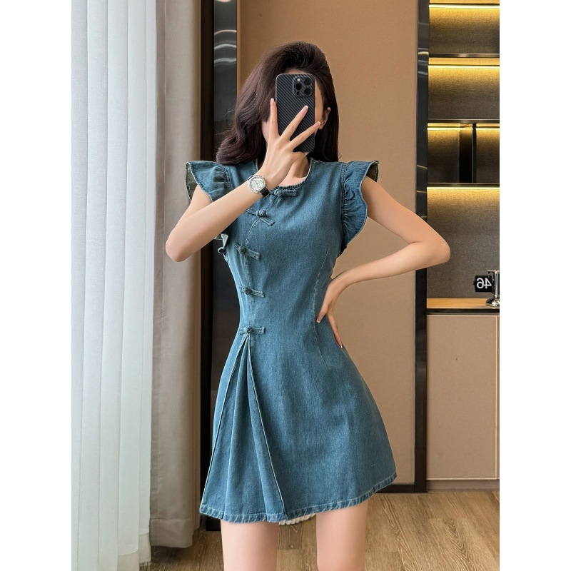 Rochie din denim cu fotografie reală, fustă nouă, stil chinezesc, cu guler rotund, cataramă, linie A, talie înaltă, aspect slim