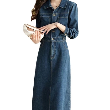 Rochie lungă de damă, stil coreean de primăvară și toamnă, slim fit, de înaltă calitate, populară pe internet, retro, din denim, de lungime medie, 2024