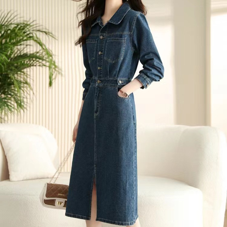 Rochie lungă de damă, stil coreean de primăvară și toamnă, slim fit, de înaltă calitate, populară pe internet, retro, din denim, de lungime medie, 2024