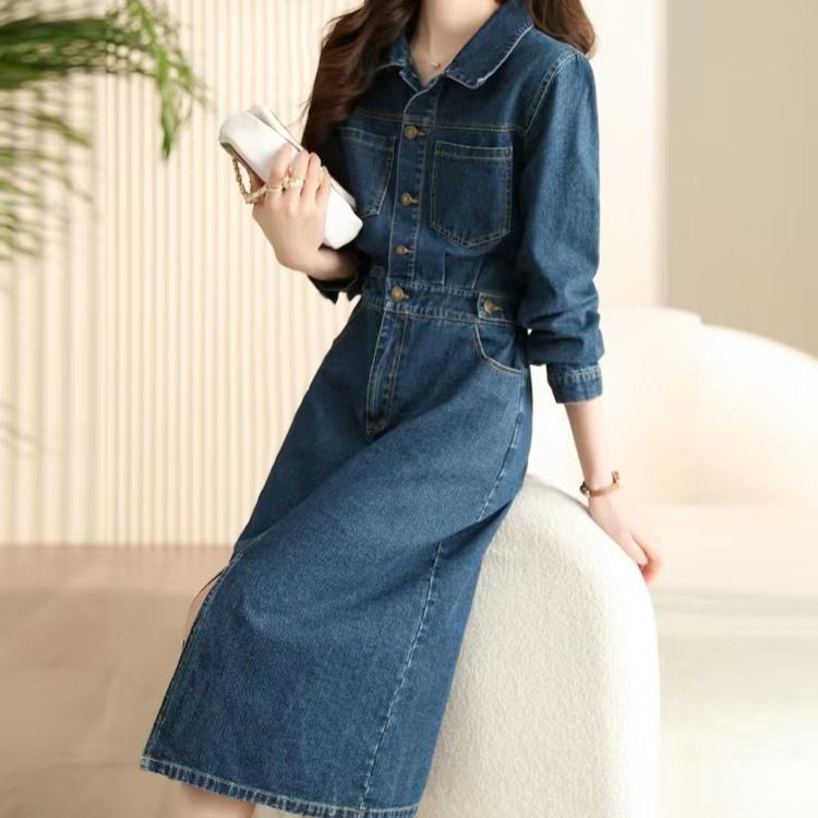 Rochie lungă de damă, stil coreean de primăvară și toamnă, slim fit, de înaltă calitate, populară pe internet, retro, din denim, de lungime medie, 2024