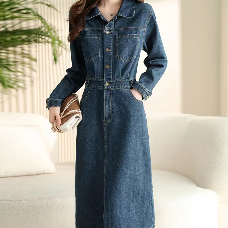 Rochie lungă de damă, stil coreean de primăvară și toamnă, slim fit, de înaltă calitate, populară pe internet, retro, din denim, de lungime medie, 2024