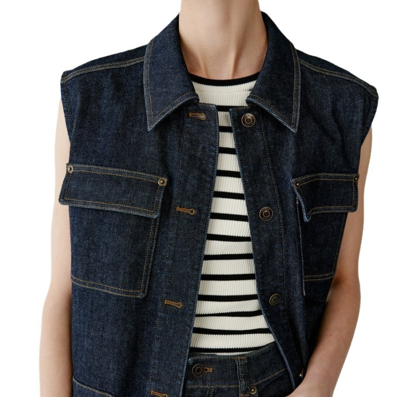 Zhihe Γυναικείο Φθινοπωρινό Γιλέκο Denim με Τετράτσεπη και Ελαστικό Βαμβάκι, Κόκκινο, Αμάνικο, Casual, Στυλ Καθημερινής Χρήσης, Νέο Φθινόπωρο 2023