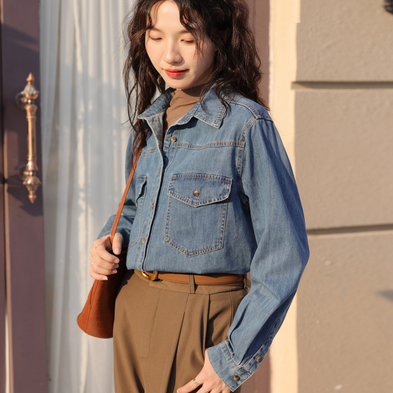 Îmbrăcăminte nouă pentru femei, 2024, la modă, elegantă, asortată, cu rever retro, spălată, din denim moale, casual, din bumbac, pentru femei