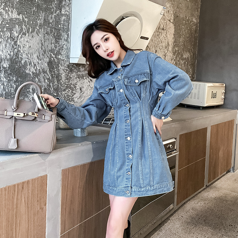 Jachetă rochie cu mânecă lungă în stil coreean, slim fit, din denim