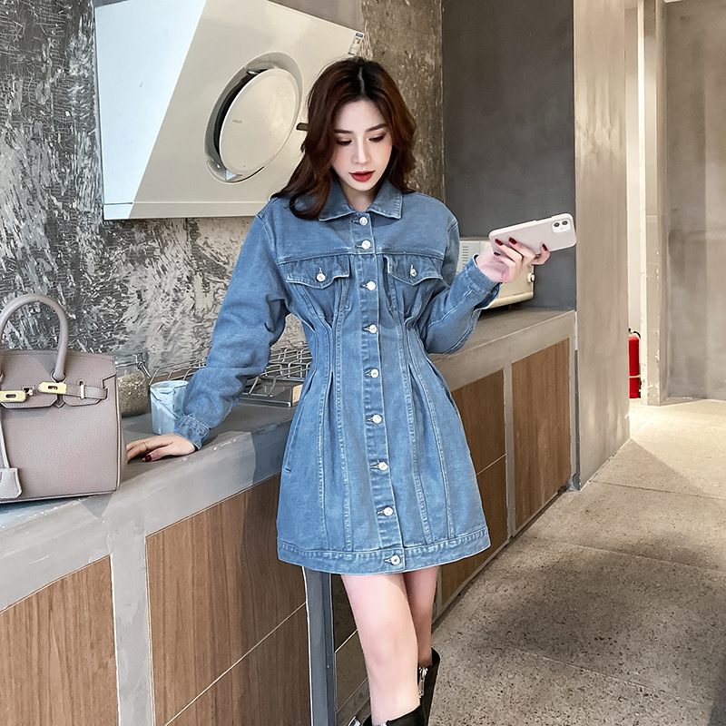 Jachetă rochie cu mânecă lungă în stil coreean, slim fit, din denim