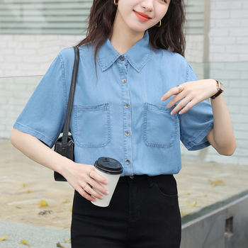 Tricou vintage albastru cu mânecă scurtă din denim 2024 vară nouă casual top subțire lejer pentru femei mici