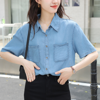 Tricou vintage albastru cu mânecă scurtă din denim 2024 vară nouă casual top subțire lejer pentru femei mici