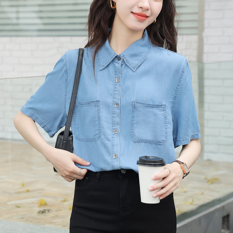 Tricou vintage albastru cu mânecă scurtă din denim 2024 vară nouă casual top subțire lejer pentru femei mici