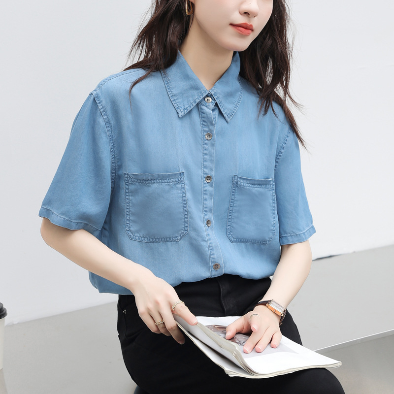 Tricou vintage albastru cu mânecă scurtă din denim 2024 vară nouă casual top subțire lejer pentru femei mici