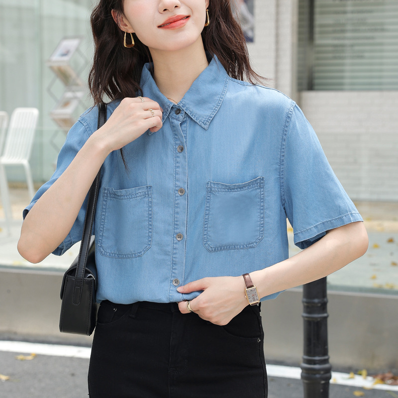 Tricou vintage albastru cu mânecă scurtă din denim 2024 vară nouă casual top subțire lejer pentru femei mici