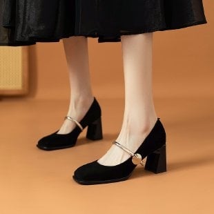 Dámske topánky Mary Jane s hranatou špičkou vo francúzskom štýle z roku 2025, nové retro, hrubé podpätky, jednovrstvové topánky, univerzálne vysoké podpätky s prackou