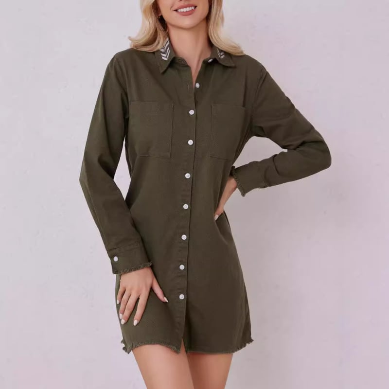 Stație independentă nouă toamnă europeană și americană, cămașă cu un singur nasture, temperament casual, cardigan, rochie cu rever și mânecă lungă Amazon