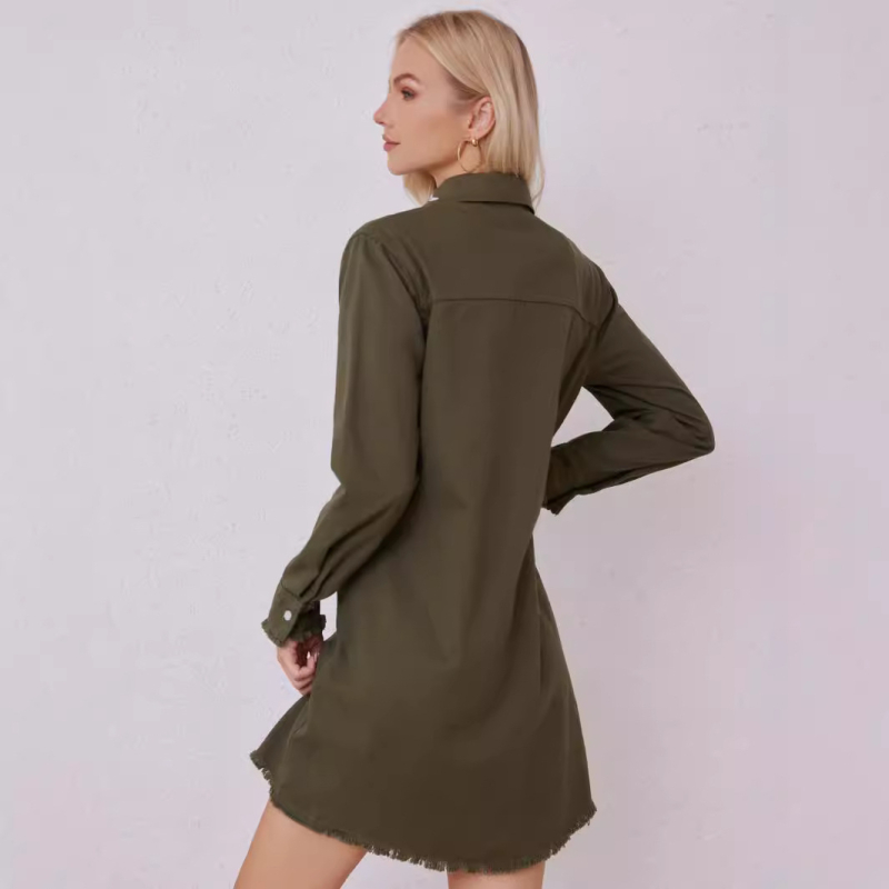 Stație independentă nouă toamnă europeană și americană, cămașă cu un singur nasture, temperament casual, cardigan, rochie cu rever și mânecă lungă Amazon