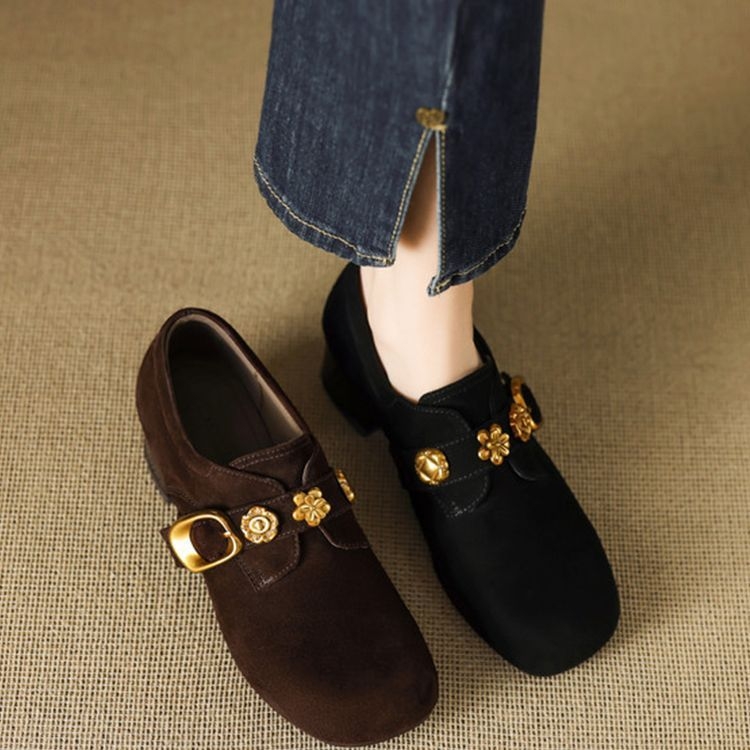 Ju Good Wear francuske mokasine, ženske proljetne i jesenske, okrugle, s cirkonima, srednja peta, debela peta, od matirane kože, dubokog brušene kože, za žene