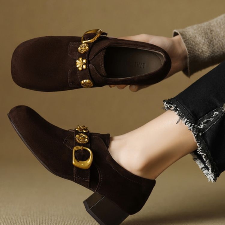 Ju Good Wear francuske mokasine, ženske proljetne i jesenske, okrugle, s cirkonima, srednja peta, debela peta, od matirane kože, dubokog brušene kože, za žene