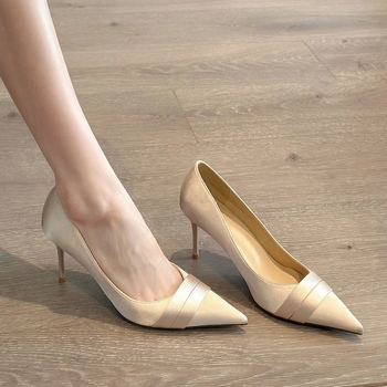 Pantofi cu toc stiletto eleganti din satin francez, cu toc înalt și vârf ascuțit, culoarea șampaniei, pentru domnișoare de onoare, 2025