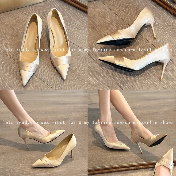 Pantofi cu toc stiletto eleganti din satin francez, cu toc înalt și vârf ascuțit, culoarea șampaniei, pentru domnișoare de onoare, 2025