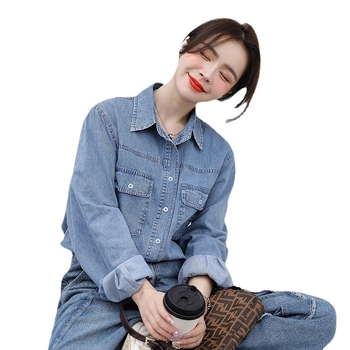 Πραγματικό πλάνο τζιν πουκάμισου για γυναίκες 2025 Άνοιξη Νέο κορεάτικο στυλ χαλαρό μακρυμάνικο πουκάμισο λεπτό μπουφάν αδυνατίσματος τοπ