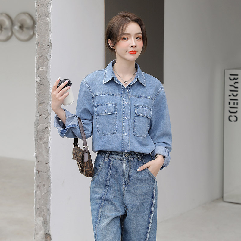 Πραγματικό πλάνο τζιν πουκάμισου για γυναίκες 2025 Άνοιξη Νέο κορεάτικο στυλ χαλαρό μακρυμάνικο πουκάμισο λεπτό μπουφάν αδυνατίσματος τοπ