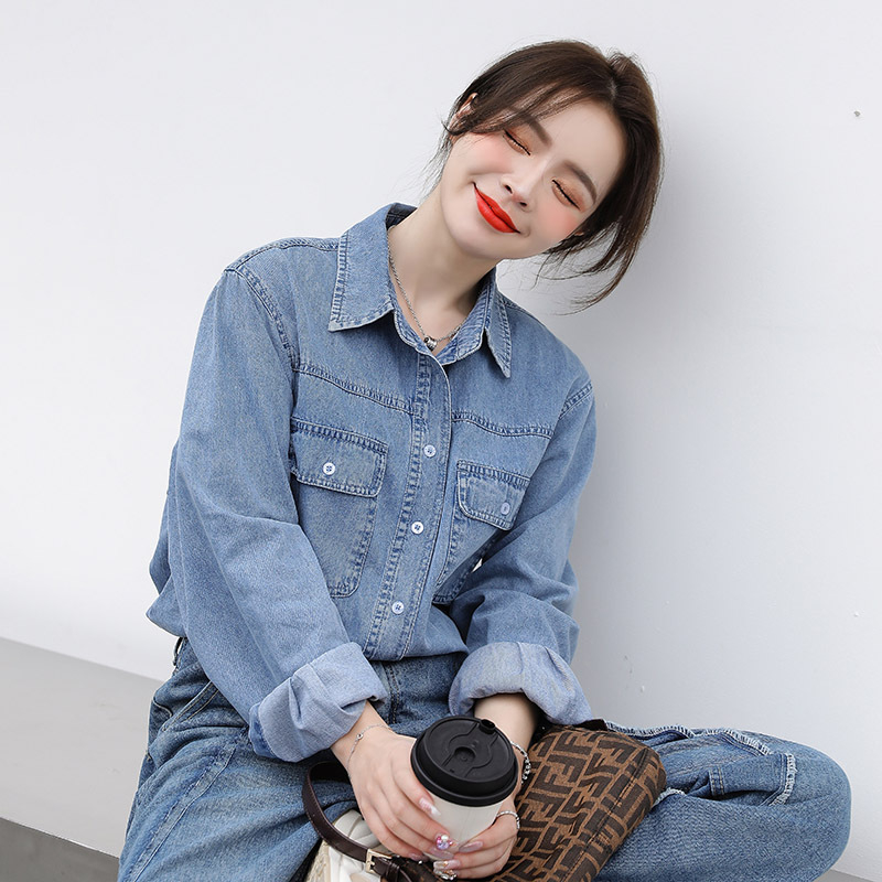 Πραγματικό πλάνο τζιν πουκάμισου για γυναίκες 2025 Άνοιξη Νέο κορεάτικο στυλ χαλαρό μακρυμάνικο πουκάμισο λεπτό μπουφάν αδυνατίσματος τοπ