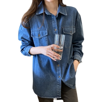 Dámska džínsová košeľa strednej dĺžky, jar a jeseň 2025, voľná retro vnútorná vrstva, košeľa s dlhým rukávom