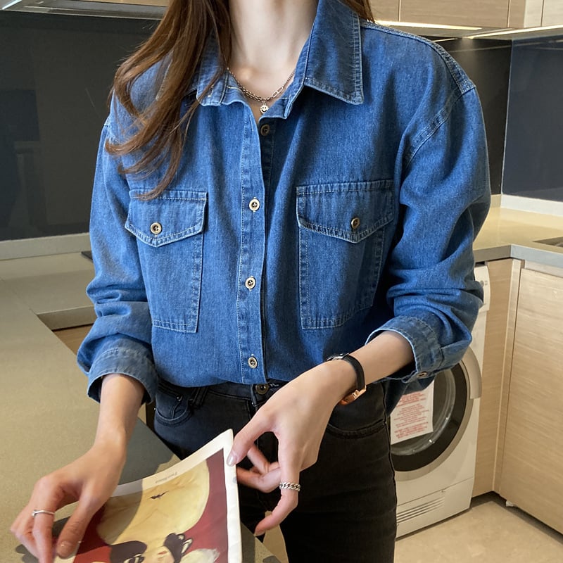 Dámska džínsová košeľa strednej dĺžky, jar a jeseň 2025, voľná retro vnútorná vrstva, košeľa s dlhým rukávom
