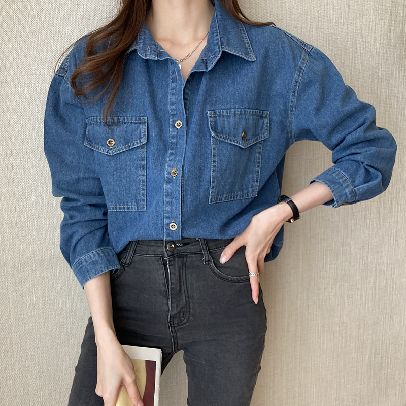 Dámska džínsová košeľa strednej dĺžky, jar a jeseň 2025, voľná retro vnútorná vrstva, košeľa s dlhým rukávom