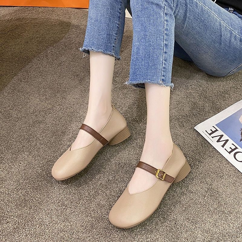 Pantofi vintage pentru femei cu toc mediu, cu fund moale și tăiței moi cu fund moale, pentru vara 2024, stil britanic, antiderapant, cu toc plat, cu un singur strat