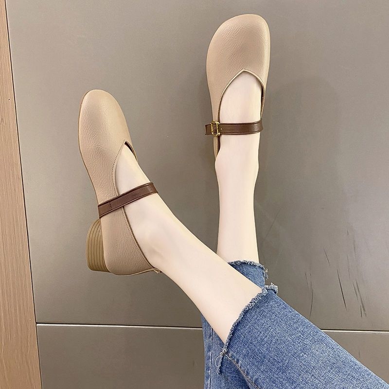 Pantofi vintage pentru femei cu toc mediu, cu fund moale și tăiței moi cu fund moale, pentru vara 2024, stil britanic, antiderapant, cu toc plat, cu un singur strat
