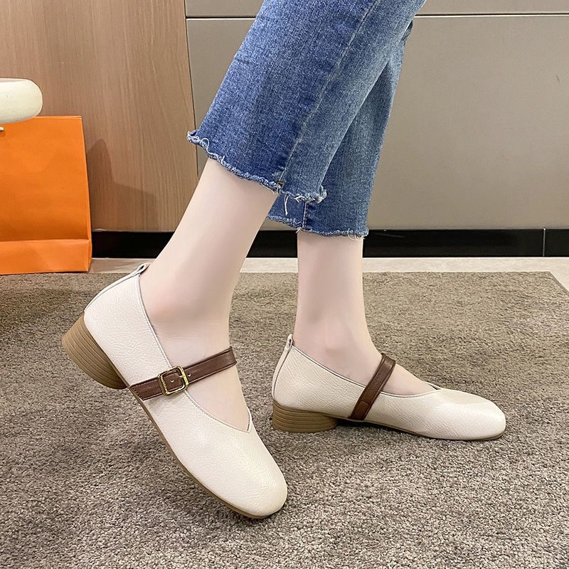 Pantofi vintage pentru femei cu toc mediu, cu fund moale și tăiței moi cu fund moale, pentru vara 2024, stil britanic, antiderapant, cu toc plat, cu un singur strat