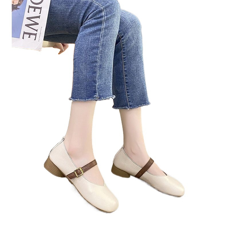 Pantofi vintage pentru femei cu toc mediu, cu fund moale și tăiței moi cu fund moale, pentru vara 2024, stil britanic, antiderapant, cu toc plat, cu un singur strat