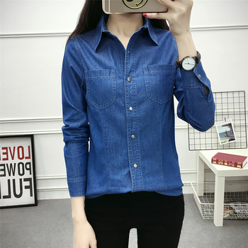 Dámska džínsová košeľa s dlhým rukávom na jar a jeseň, nová kórejská tenká bunda, univerzálna džínsová košeľa s dlhým rukávom, obchodné oblečenie