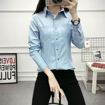 Dámska džínsová košeľa s dlhým rukávom na jar a jeseň, nová kórejská tenká bunda, univerzálna džínsová košeľa s dlhým rukávom, obchodné oblečenie