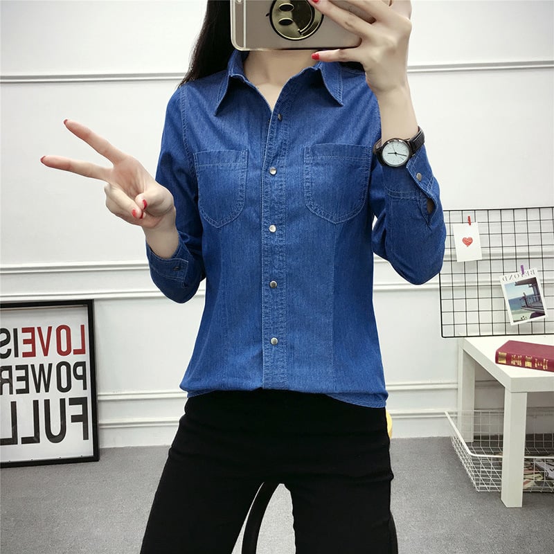 Dámska džínsová košeľa s dlhým rukávom na jar a jeseň, nová kórejská tenká bunda, univerzálna džínsová košeľa s dlhým rukávom, obchodné oblečenie
