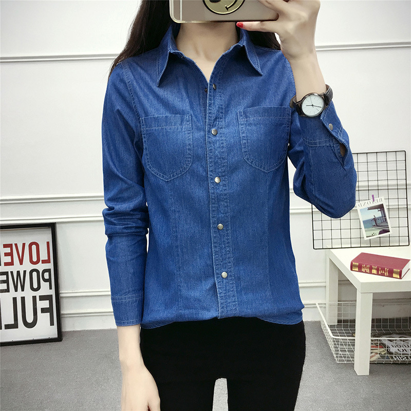 Dámska džínsová košeľa s dlhým rukávom na jar a jeseň, nová kórejská tenká bunda, univerzálna džínsová košeľa s dlhým rukávom, obchodné oblečenie